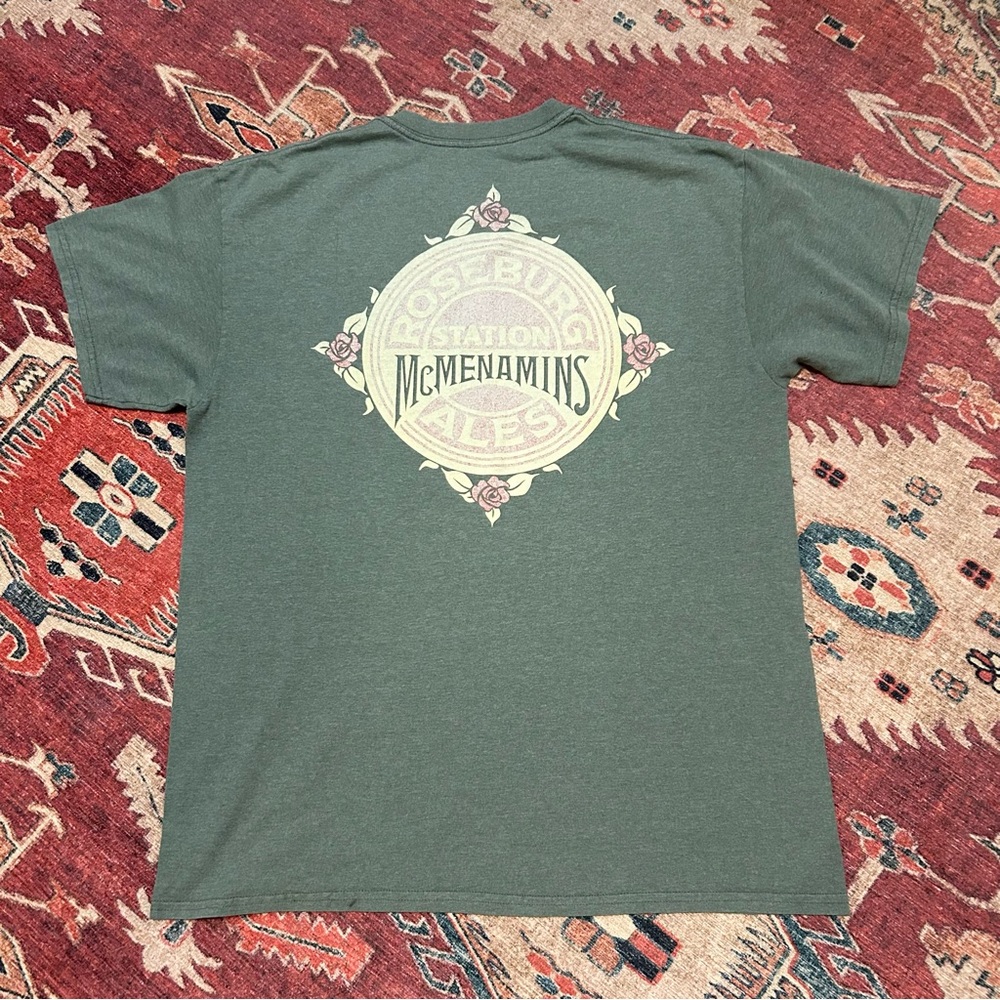 McMenamins Roseburg Station short sleeve faded green graphic tee L